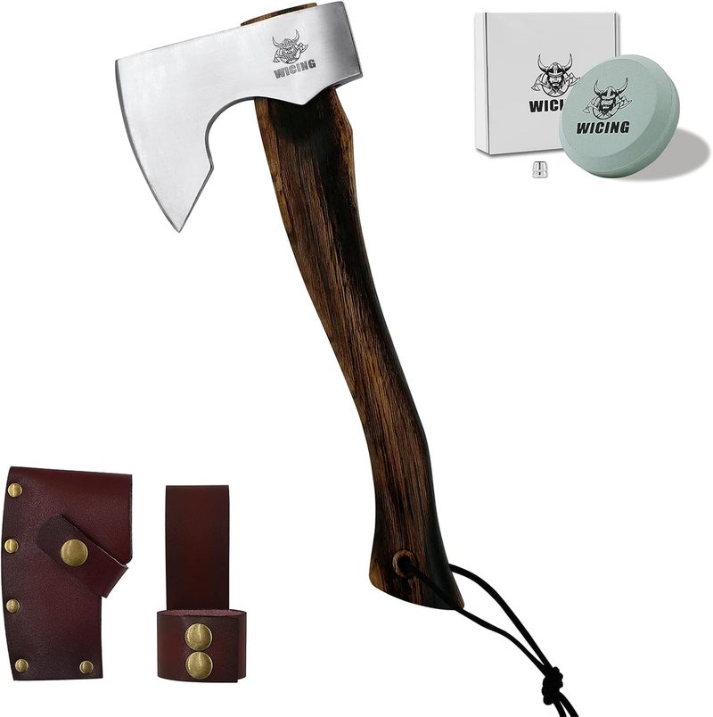 WICING 13.5 Inch Hatchet, Camping Axe 1055 Carbon Steel and Beech Handle, Survival Hatchet with Leather Sheath for Wood Splitting and Kindling - Image 1